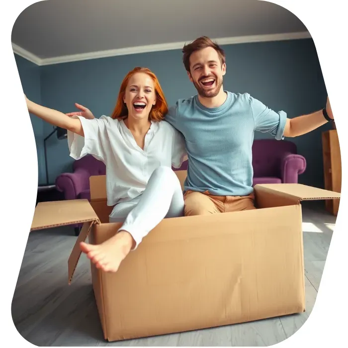 Two guys sitting on the floor of their apartment with Muval moving boxes